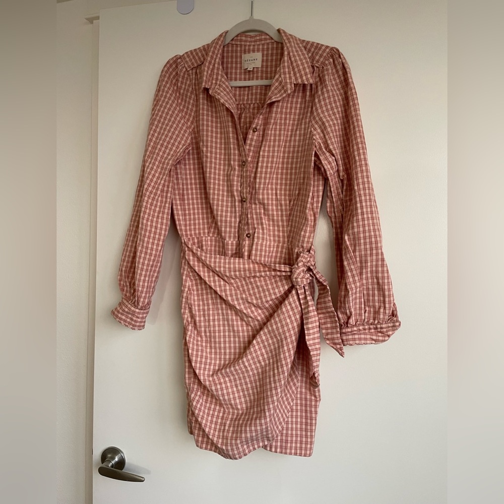 Sezane midi shirt dress size 40 tie skirt button up